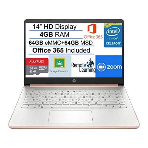 에이치피 2021 Newest HP Stream 14 HD SVA Laptop Computer, Intel Celeron N4000 Processor, 4GB RAM, 128GB Space(64GB eMMC+64GB MSD), Office 365, HDMI, USB-C, Windows 10, Rose Gold, AllyFlex M