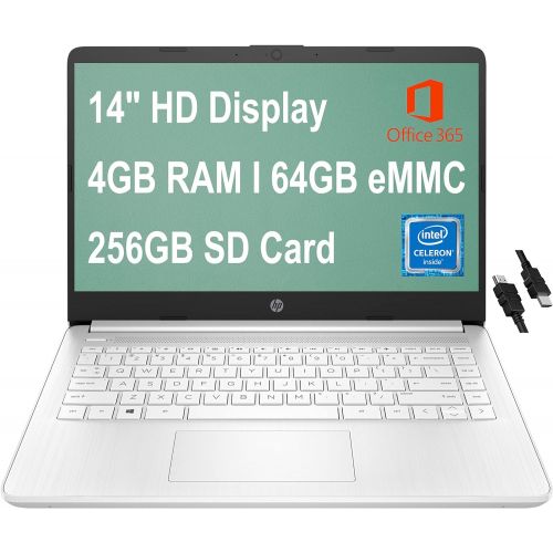 에이치피 HP Flagship Stream 14 Laptop 14 HD Micro-Edge Display Intel Celeron N4020 4GB RAM 64GB eMMC + 256GB SD Card Intel UHD Graphics 600 USB-C Office365 Webcam Win10 White + HDMI Cable