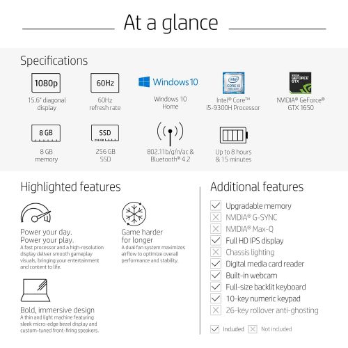 에이치피 HP Pavilion Gaming 15.6-Inch Micro-EDGE Laptop, Intel Core i5-9300H Processor, NVIDIA GeForce GTX 1650 (4 GB), 8 GB SDRAM, 256 GB SSD, Windows 10 Home (15-dk0020nr, Shadow Black/Ac