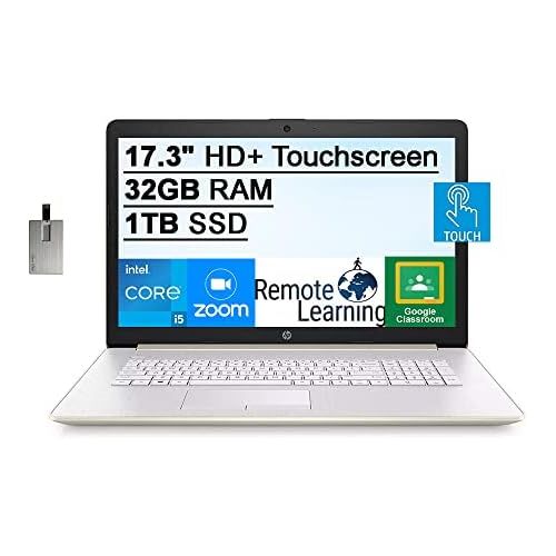 에이치피 2021 HP 17.3 HD+ Touchscreen Laptop Computer, 10th Gen Intel Core i5-1035G1, 32GB RAM, 1TB PCIe SSD, Full-Size KB, HD Audio, HD Webcam, Intel UHD Graphics, Win 10, Gold, 32GB SnowB