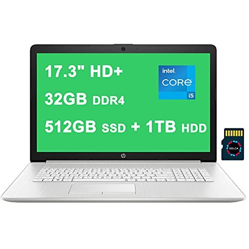 에이치피 HP 17 Laptop I 17.3 HD+ I 11th Gen Intel 4-Core i5-1135G7 ( i7-1065G7) I 32GB DDR4 512GB SSD + 1TB HDD I Intel Iris Xe Graphic I Backlit KB DVD-RW Win10 Silver + 32GB MicroSD Card