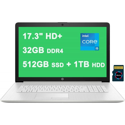 에이치피 HP 17 Laptop I 17.3 HD+ I 11th Gen Intel 4-Core i5-1135G7 ( i7-1065G7) I 32GB DDR4 512GB SSD + 1TB HDD I Intel Iris Xe Graphic I Backlit KB DVD-RW Win10 Silver + 32GB MicroSD Card