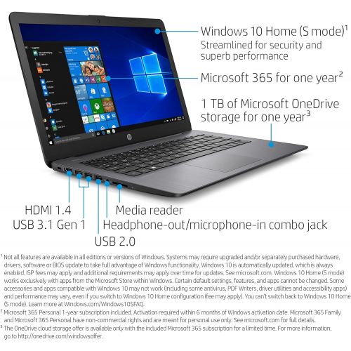 에이치피 HP Stream 14-inch Laptop, Intel Celeron N4000, 4 GB RAM, 64 GB eMMC, Windows 10 Home in S Mode with Office 365 Personal for 1 Year (14-cb186nr, Brilliant Black) (9MV74UA#ABA)