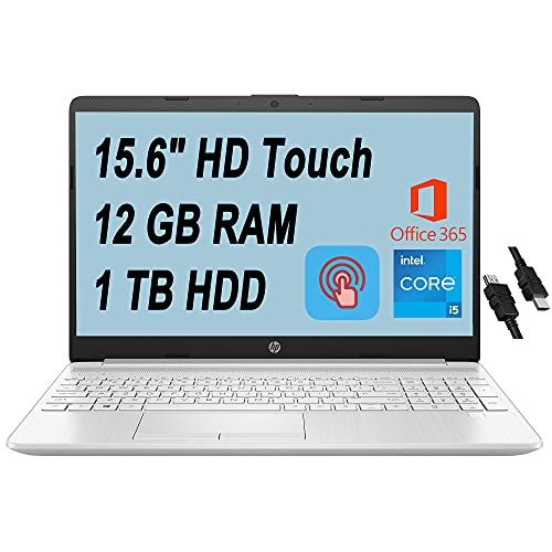 에이치피 Flagship HP 15 Business Laptop Computer 15.6 HD Touchscreen 11th Gen Intel Quad-Core i5-1135G7 (Beats i7-10510U) 12GB RAM 1TB HDD Backlit Keyboard USB-C Office365 Win10 + HDMI Cabl