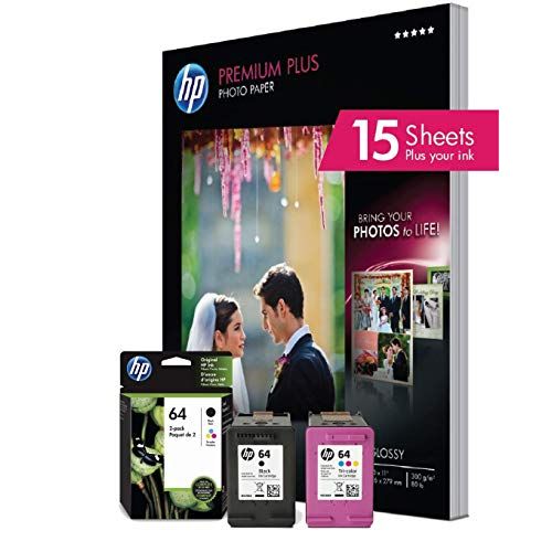 에이치피 HP 64 2 Ink Cartridges with 15 Sheets of 8.5x11 Photo Paper Black, Tri-color Works with HP ENVY Photo 6200 Series, 7100 Series, 7800 Series, HP Tango and HP Tango X N9J90AN, N9J89A