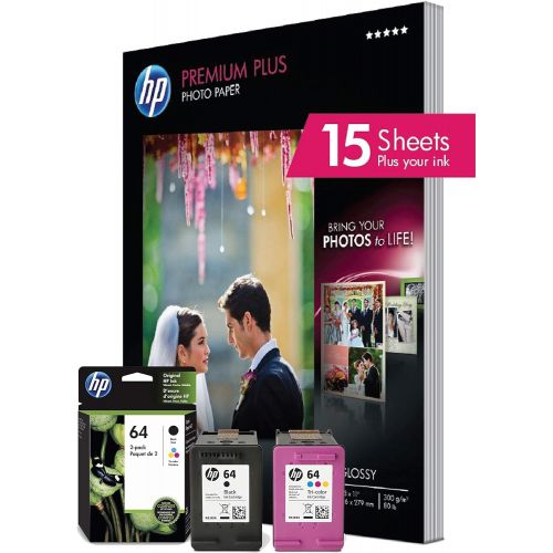 에이치피 HP 64 2 Ink Cartridges with 15 Sheets of 8.5x11 Photo Paper Black, Tri-color Works with HP ENVY Photo 6200 Series, 7100 Series, 7800 Series, HP Tango and HP Tango X N9J90AN, N9J89A