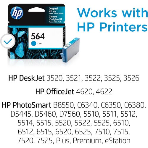 에이치피 Original HP 564 Cyan Ink Cartridge Works with DeskJet 3500; OfficeJet 4620; PhotoSmart B8550, C6300, D5400, D7560, 5510, 5520, 6510, 6520, 7510, 7520, Plus, Premium, eStation Serie