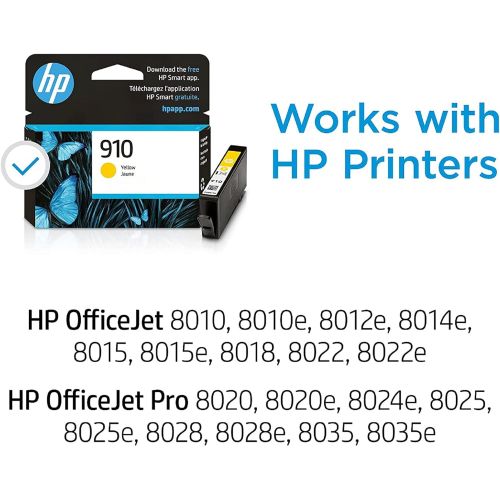 에이치피 Original HP 910 Yellow Ink Cartridge Works with HP OfficeJet 8010, 8020 Series, HP OfficeJet Pro 8020, 8030 Series Eligible for Instant Ink 3YL60AN