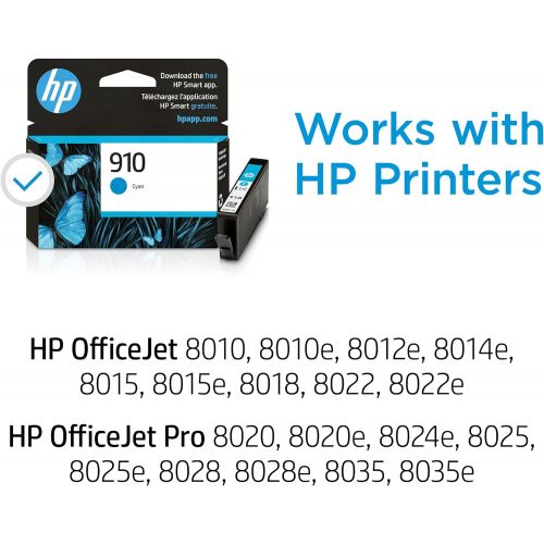 에이치피 Original HP 910 Cyan Ink Cartridge Works with HP OfficeJet 8010, 8020 Series, HP OfficeJet Pro 8020, 8030 Series Eligible for Instant Ink 3YL58AN