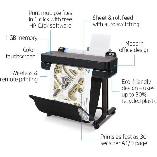 에이치피 HP DesignJet T630 Large Format Printer, 24 Color Inkjet Plotter, Wireless, Bundle 712 29ml Cyan 712 29ml Magenta 712 29ml Yellow 712 38ml Black Ink Cartridges