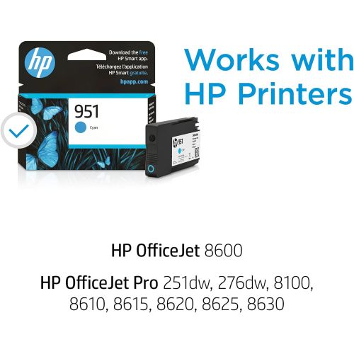 에이치피 Original HP 951 Cyan Ink Cartridge Works with HP OfficeJet 8600, HP OfficeJet Pro 251dw, 276dw, 8100, 8610, 8620, 8630 Series Eligible for Instant Ink CN050AN