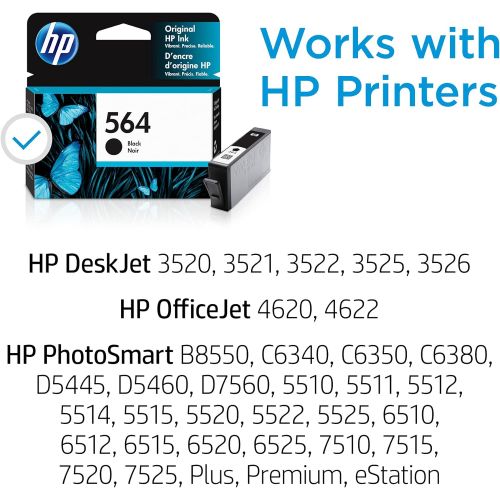 에이치피 Original HP 564 Black Ink Cartridge Works with DeskJet 3500; OfficeJet 4620; PhotoSmart B8550, C6300, D5400, D7560, 5510, 5520, 6510, 6520, 7510, 7520, Plus, Premium, eStation Seri