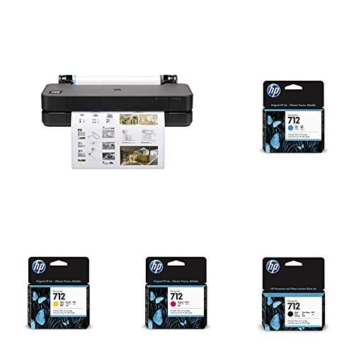 에이치피 HP DesignJet T230 Large Format Compact Wireless Plotter Printer - 24 (5HB07A), with Standard Genuine Ink Cartridges (4 Inks) - Bundle