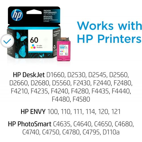 에이치피 Original HP 60 Tri-color Ink Cartridge Works with DeskJet D1660, D2500, D2600, D5560, F2400, F4200, F4400, F4580; ENVY 100, 110, 120; PhotoSmart C4600, C4700, D110a Series CC643WN