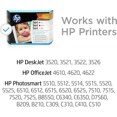 에이치피 HP 564 3 Ink Cartridges with Assorted Photo Paper Cyan, Magenta, Yellow Works with HP DeskJet 3500 Series, HP OfficeJet 4600 5500 C6300 6500 7500 Series, B8550, D7560, C510, B209,