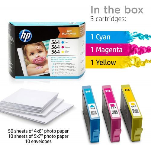 에이치피 HP 564 3 Ink Cartridges with Assorted Photo Paper Cyan, Magenta, Yellow Works with HP DeskJet 3500 Series, HP OfficeJet 4600 5500 C6300 6500 7500 Series, B8550, D7560, C510, B209,