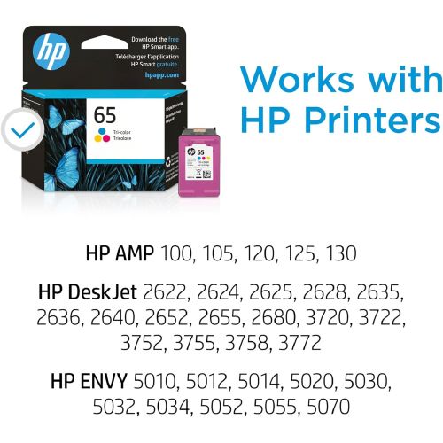 에이치피 Original HP 65 Tri-color Ink Cartridge Works with HP AMP 100 Series, HP DeskJet 2600, 3700 Series, HP ENVY 5000 Series Eligible for Instant Ink N9K01AN