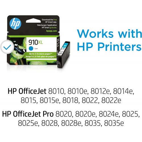 에이치피 Original HP 910XL Cyan High-yield Ink Cartridge Works with HP OfficeJet 8010, 8020 Series, HP OfficeJet Pro 8020, 8030 Series Eligible for Instant Ink 3YL62AN