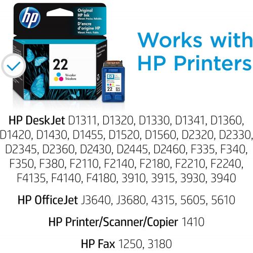 에이치피 Original HP 22 Tri-color Ink Cartridge Works with DeskJet D1300, D1400, D1500, D2300, D2400, F300, F2100, F2200, F4100, 3900; OfficeJet J3600, 4315, 5600; PSC 1410; Fax 1250, 3180