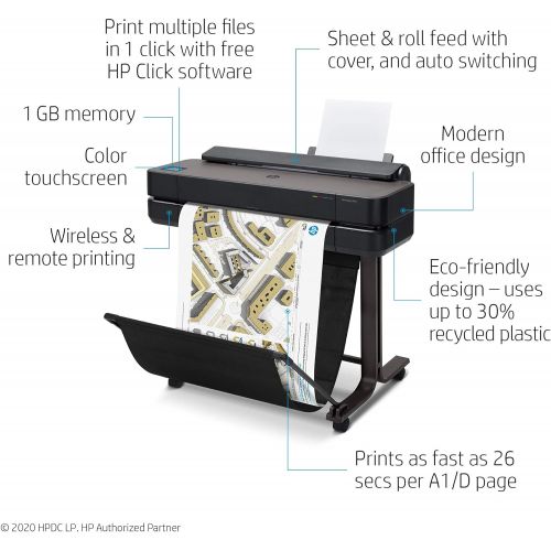 에이치피 HP DesignJet T650 Large Format Wireless Plotter Printer - 24 (5HB08A), with Multipack and High-Capacity Genuine Ink Cartridges (10 Inks) - Bundle