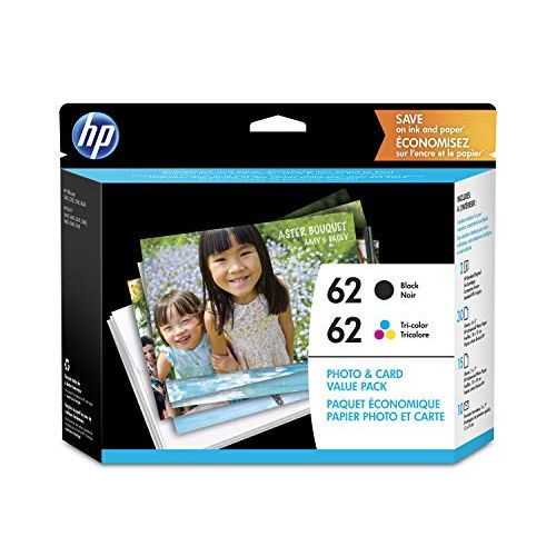 에이치피 HP 62 2 Ink Cartridges with Assorted Photo Paper Black, Tri-color Works with HP ENVY 5500 Series, 5600 Series, 7600 Series, HP OfficeJet 200, 250, 258, 5700 Series, 8040 C2P04AN C2