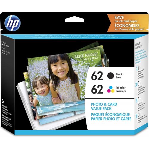 에이치피 HP 62 2 Ink Cartridges with Assorted Photo Paper Black, Tri-color Works with HP ENVY 5500 Series, 5600 Series, 7600 Series, HP OfficeJet 200, 250, 258, 5700 Series, 8040 C2P04AN C2