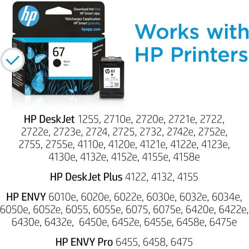 에이치피 Original HP 67 Black Ink Cartridge Works with HP DeskJet 1255, 2700, 4100 Series, HP ENVY 6000, 6400 Series Eligible for Instant Ink 3YM56AN