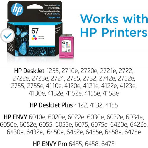 에이치피 Original HP 67 Tri-color Ink Cartridge Works with HP DeskJet 1255, 2700, 4100 Series, HP ENVY 6000, 6400 Series Eligible for Instant Ink 3YM55AN