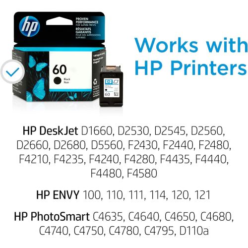 에이치피 Original HP 60 Black Ink Cartridge Works with DeskJet D1660, D2500, D2600, D5560, F2400, F4200, F4400, F4580; ENVY 100, 110, 120; PhotoSmart C4600, C4700, D110a Series CC640WN