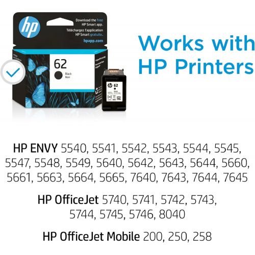 에이치피 Original HP 62 Black Ink Cartridge Works with HP ENVY 5540, 5640, 5660, 7640 Series, HP OfficeJet 5740, 8040 Series, HP OfficeJet Mobile 200, 250 Series Eligible for Instant Ink C2