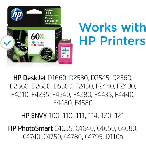 에이치피 Original HP 60XL Tri-color High-yield Ink Cartridge Works with DeskJet D1660, D2500, D2600, D5560, F2400, F4200, F4400, F4580; ENVY 100, 110, 120; PhotoSmart C4600, C4700, D110a Se