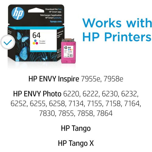 에이치피 Original HP 64 Tri-color Ink Cartridge Works with HP ENVY Inspire 7950e; ENVY Photo 6200, 7100, 7800; Tango Series Eligible for Instant Ink N9J89AN