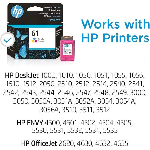 에이치피 Original HP 61 Tri-color Ink Works with DeskJet 1000, 1010, 1050, 1510, 2050, 2510, 2540, 3000, 3050, 3510; ENVY 4500, 5530; OfficeJet 2620, 4630 Series Eligible for Instant Ink CH