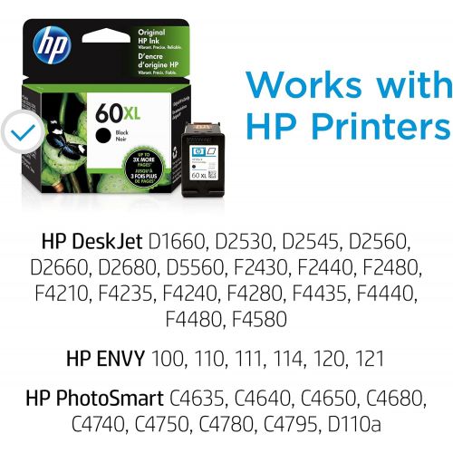 에이치피 Original HP 60XL Black High-yield Ink Cartridge Works with DeskJet D1660, D2500, D2600, D5560, F2400, F4200, F4400, F4580; ENVY 100, 110, 120; PhotoSmart C4600, C4700, D110a Series