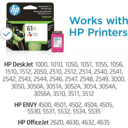 에이치피 Original HP 61XL Tri-color High-yield Ink Works with DeskJet 1000, 1010, 1050, 1510, 2050, 2510, 2540, 3000, 3050, 3510; ENVY 4500, 5530; OfficeJet 2620, 4630 Eligible for Instant