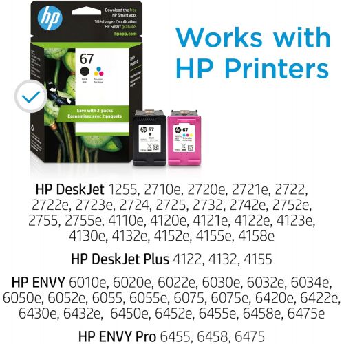 에이치피 Original HP 67 Black/Tri-color Ink Cartridges (2-pack) Works with HP DeskJet 1255, 2700, 4100 Series, HP ENVY 6000, 6400 Series Eligible for Instant Ink 3YP29AN