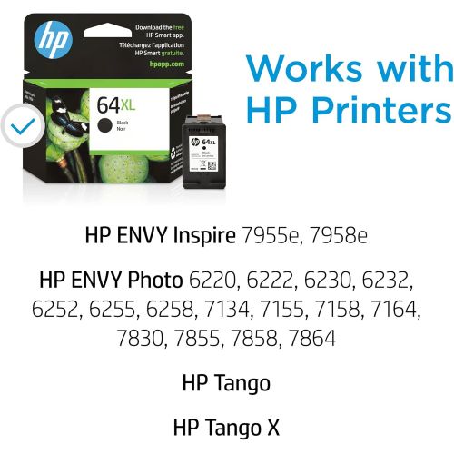 에이치피 Original HP 64XL Black High-yield Ink Cartridge Works with HP ENVY Inspire 7950e; ENVY Photo 6200, 7100, 7800; Tango Series Eligible for Instant Ink N9J92AN