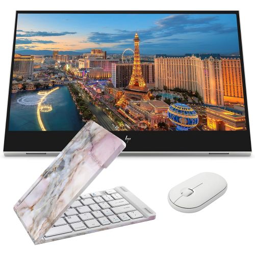 에이치피 HP E14 G4 FHD (1920 x 1080) Portable Travel Monitor Bundle with 2 USB Type-C, Pink Gemstone Bluetooth Folding Wireless Keyboard, and White Pebble M350 Bluetooth Wireless Mouse