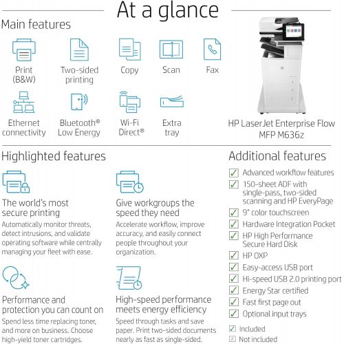 에이치피 HP LaserJet Enterprise Flow MFP M636z Monochrome Multifunction Printer with High-Capacity Input Feeder, Wheeled Stand and 3-bin Stapler/Stacker (7PT01A)