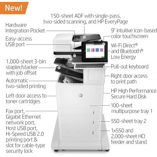 에이치피 HP LaserJet Enterprise Flow MFP M636z Monochrome Multifunction Printer with High-Capacity Input Feeder, Wheeled Stand and 3-bin Stapler/Stacker (7PT01A)