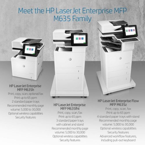 에이치피 HP LaserJet Enterprise MFP M635fht Monochrome All-in-One Printer with built-in Ethernet, 2-sided printing, extra paper tray & wheeled stand (7PS98A)
