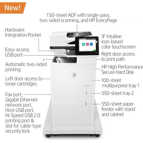 에이치피 HP LaserJet Enterprise MFP M635fht Monochrome All-in-One Printer with built-in Ethernet, 2-sided printing, extra paper tray & wheeled stand (7PS98A)