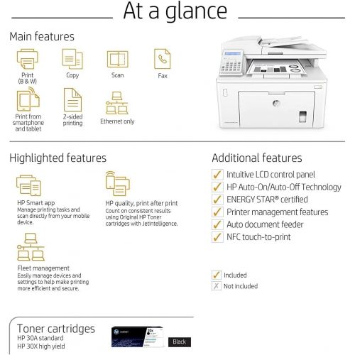 에이치피 HP Laserjet Pro M227fdn Monochrome All in One Laser Printer, Auto 2-Sided Printing, Mobile Print, Copy&Fax&Print&Scan, 2 LCD Display, 1200 x 1200 DPI, 30ppm, Ethernet Only, with Pr