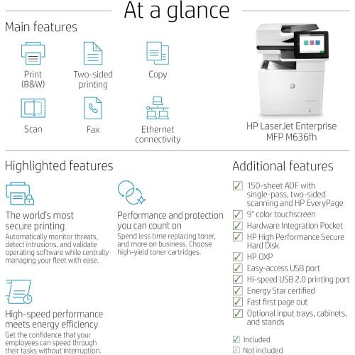 에이치피 HP LaserJet Enterprise MFP M636fh Monochrome Multifunction Printer with High Performance Secure Hard Disk