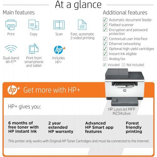 에이치피 HP LaserJet MFP M234sdwe Wireless Monochrome All-in-One Printer with built-in Ethernet & fast 2-sided printing, HP+ and bonus 6 months Instant Ink (6GX01E)