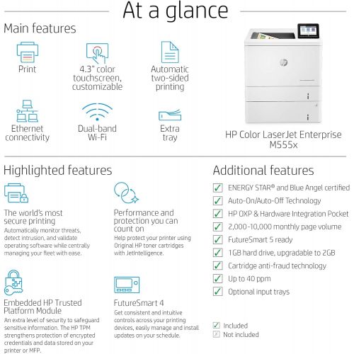 에이치피 HP Color LaserJet Enterprise M555x Duplex Printer with Extra Paper Tray (7ZU79A)