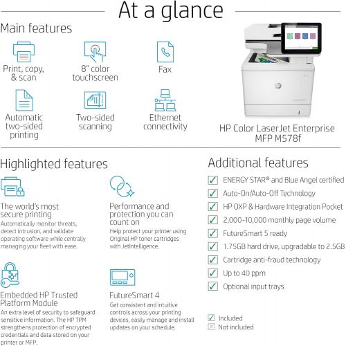 에이치피 HP Color LaserJet Enterprise Multifunction M578f Duplex Printer with Stapler (7ZU86A)