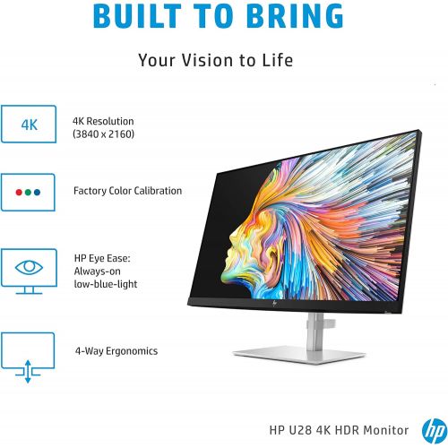 에이치피 HP U28 4k HDR Monitor - Computer Monitor for Content Creators with IPS Panel, HDR, and USB-C Port - Wide Screen 28-inch 4k Monitor with Factory Color Calibration and 65w Laptop Doc