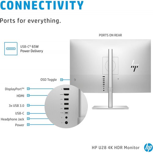 에이치피 HP U28 4k HDR Monitor - Computer Monitor for Content Creators with IPS Panel, HDR, and USB-C Port - Wide Screen 28-inch 4k Monitor with Factory Color Calibration and 65w Laptop Doc
