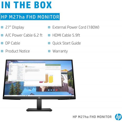 에이치피 HP M27ha FHD Monitor - Full HD Monitor (1920 x 1080p) - IPS Panel and Built-in Audio - VESA Compatible 27-inch Monitor Designed for Comfortable Viewing with Height and Pivot Adjust